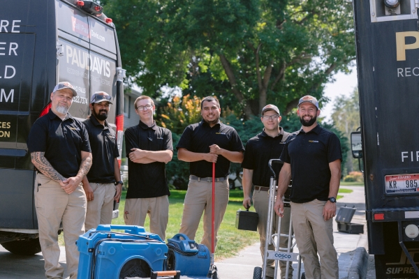 A group of six Paul Davis team members standing confidently beside their restoration equipment and trucks, ready to address home issues in Boise.