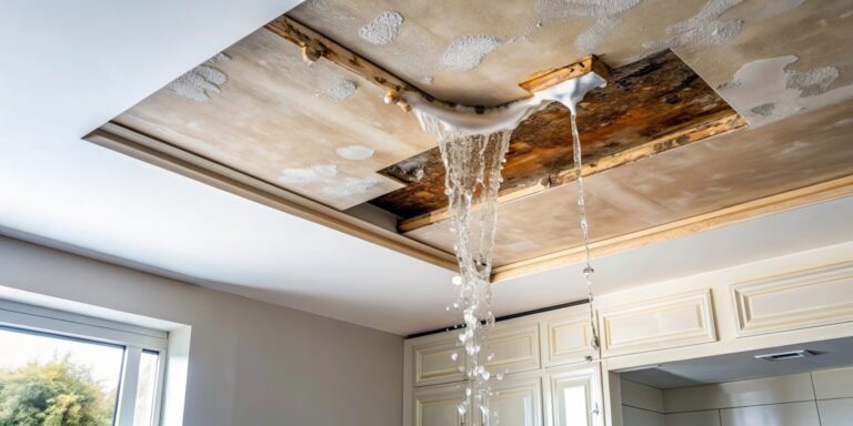 water damage ceiling leak in Boise home with active water intrusion, peeling paint, and structural damage requiring emergency restoration and repair services